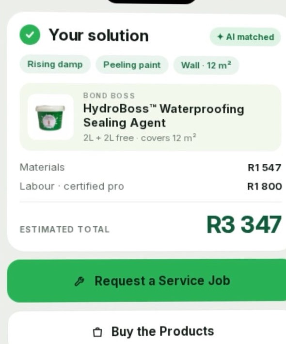 Fixit solution screen from the launch ad: HydroBoss matched to rising damp on a 12 m&sup2; wall, with an estimated total, Request a Service Job and Buy the Products
