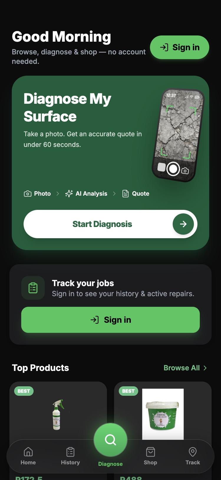 Fixit home screen: Diagnose My Surface, track your jobs and top products
